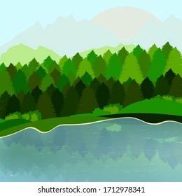 Green forest landscape, poster design template, landing page, vector illustration
