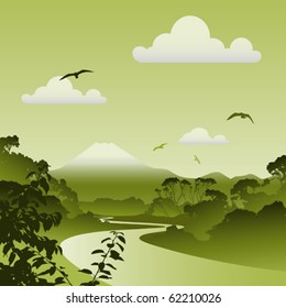 Un paisaje forestal verde con río, árboles y volcán