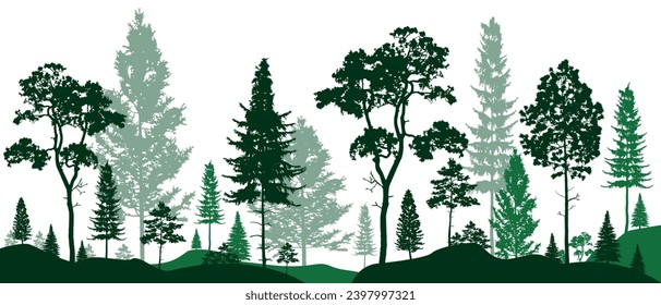 Green Forest landscape silhouettes panorama with pines, fir trees, cedars. Editable vector illustration with isolated stand alone trees for your own design.