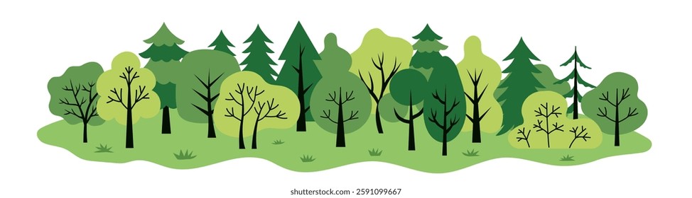 Green forest landscape. Trees background. Simple flat poster. Ecological theme