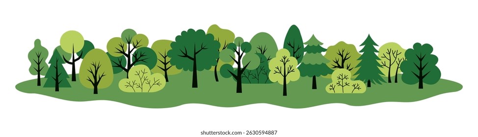 Paisaje de bosque verde. Árboles de fondo Horizontal. Cartel de diseño plano. Tema biológico
