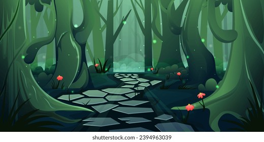 green forest landscape with trees and road, winding path through a lush green forest,  fantasy background cartoon illustration
