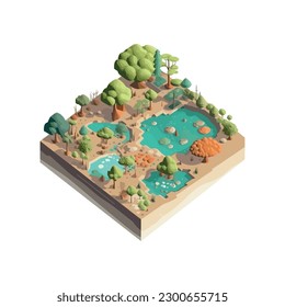 Green forest landscape with trees and water icon isolated