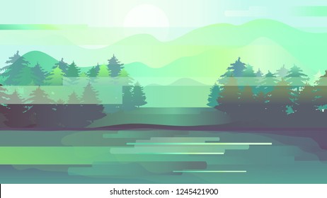 Green forest landscape vector illustration. Fir trees, mountains and lake. Pine and spruce. Forest silhouette. Forest pattern. vector illustration.