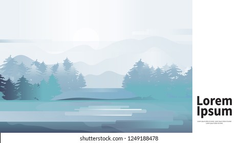 Green forest landscape vector illustration. Fir trees, mountains and lake. Pine and spruce. Forest silhouette. Forest pattern. vector illustration.