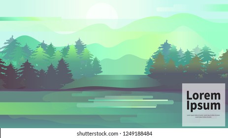 Green forest landscape vector illustration. Fir trees, mountains and lake. Pine and spruce. Forest silhouette. Forest pattern. vector illustration.