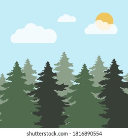 Green forest landscape. Vector illustration of evergreen conifers. Pine, spruce, tree