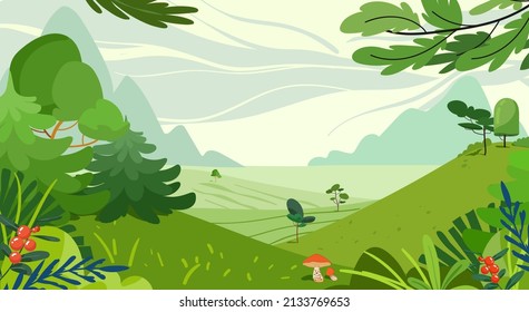 Green forest landscape. Vector illustration in flat simple style. Spring and summer background with copy space for text, landscape with plants, leaves, flowers for banner, greeting card, poster