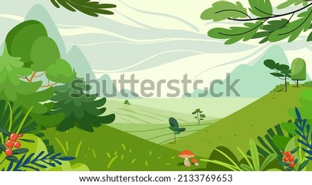 Green forest landscape. Vector illustration in flat simple style. Spring and summer background with copy space for text, landscape with plants, leaves, flowers for banner, greeting card, poster
