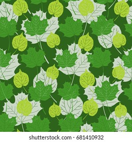 Green forest leaves pattern vector seamless. Maple tree foliage background. Nature print for autumn banner, wallpaper, eco natural package, wrapping paper or rain season card template.