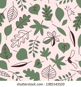 Green Forest Leaves seamless vector pattern. Woody tree leafy repeatable background. Woodland childish print in Scandinavian decorative style. Cute forest print for children fashion fabric.