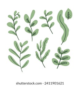 Green forest leaves set or branches icons sign. Hand drawn cartoon style vector clipart art. Isolated on white background.