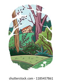 Green Forest. A little house in the middle of the forest.