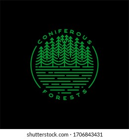 Green Forest Logo Badge Stamp Sticker Design. Coniferous Fir Pine Conifer Cedar Cypress Spruce Larch Evergreen Tree. Line Art Vintage Retro Hipster Vector