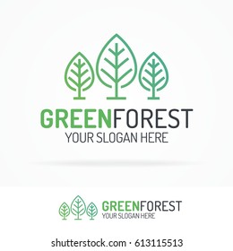 Green forest logo set line style with leaves for use organic shop, ecology company, nature firm, natural product, alternative medicine, green unity, garden, farming, forest etc. Vector Illustration