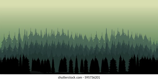 Green forest in the mist, vector nature illustration
