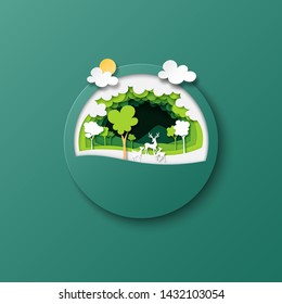 Green forest nature landscape and dees family paper art style.Ecology and environment conservation concept vector illustration