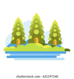 Green forest near blue river graphic vector picture