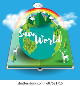Green Forest on Earth and Eco Friendly Nature Globe Protection Illustration Design on Book with Paper Art style Vector