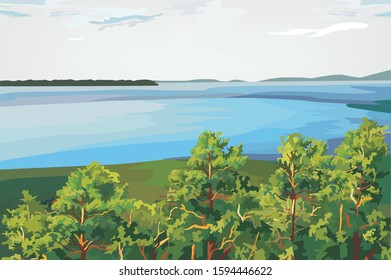 The green forest on the hill behind the blue lake view 