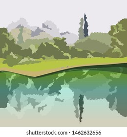 Green forest over the lake. Reflection of trees in calm water.