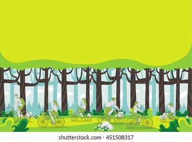 Green forest with people riding bicycles
