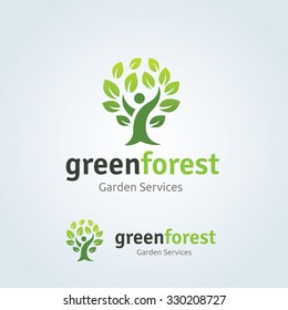 Plantilla de logotipo de bosque verde, personas y árboles.