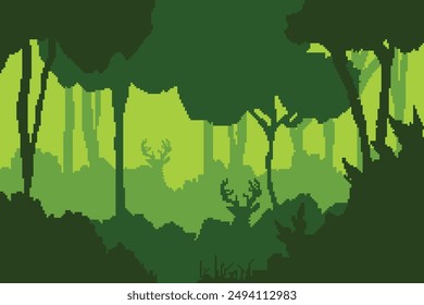 Green forest pixel art contains shady trees and deer shadows