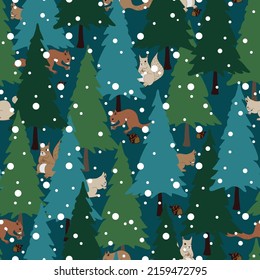 Green forest repeat pattern design trees and squirrels