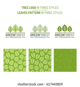 Green forest set consisting of tree logo and leaves pattern three styles for organic shop, ecology company, green unity, nature firm, natural product, garden, farming, forest. Vector Illustration