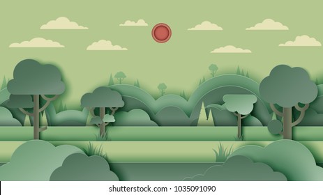 Green forest silhouette and mountains landscape abstract background.Nature and environment conservation concept paper art design.Vector illustration.