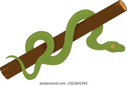 Green forest snake on wood branch vector illustration