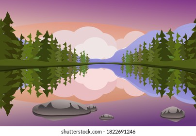 Green forest of spring  with lake view and  purple mountains with white clouds and  violet sky,Vector cartoon Spring landscape, Panorama countryside in the evening in summer .