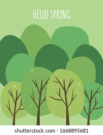 Green forest in spring. Trees landscape. Flat vector illustration. 