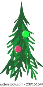 Green forest spruce decorated with glass balls and toys. Christmas fluffy green tree. Holiday card. Winter New Year holiday. Hand drawn vector illustration.