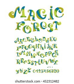 green forest style child style ABC for kids lettering. vector illustration. design elements set.  font for girl with numbers and  alphabet, green eco-friendly letters