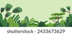 Green forest, summer trees and shrubs, eco banner design. Spring nature, woods background with leaf plants, bushes in modern style. Woodland, park, environment backdrop. Flat vector illustration