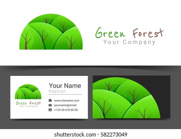 Green Forest Tree Corporate Logo and Business Card Sign Template. Creative Design with Colorful Logotype Visual Identity Composition Made of Multicolored Element. Vector Illustration.