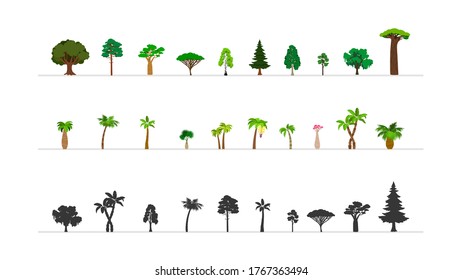 Green forest tree icons. Exotic bushes palms, different woods silhouettes. Botanical symbols vector set
