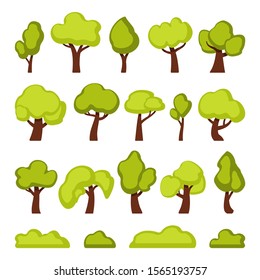 Green forest trees and bushes cartoon vector illustrations set. Woodland plants cliparts isolated on white. Simple oaks, shrubs design elements in flat style. Deciduous trees with foliage collection