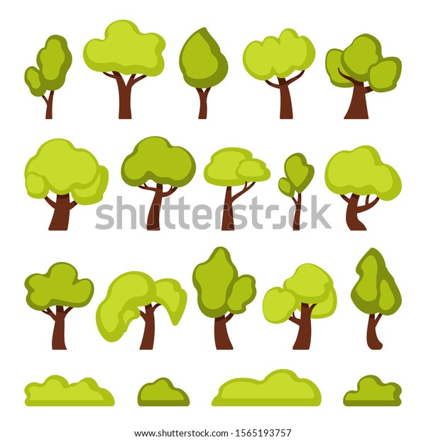 緑の森の木と茂みのアニメのベクターイラストセット 白い背景に木の国の植物が切り取られます シンプルなオーク 低木のデザインエレメントはフラットスタイルです 落葉樹と葉のコレクション のベクター画像素材 ロイヤリティフリー