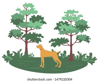 Green forest with trees and bushes and hunting dog pointer isolated cartoon animal. Vector pet and green wood, purebred for hunt, pedigree hound