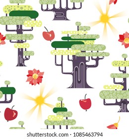 Green forest trees with flowers, fruits and sun. Summer in the forest. Vector illustration. Seamless pattern