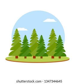 Green forest of trees. Natural landscape of forest and Park. Wildlife is a place for active recreation of tourists. Trees of different heights. Cartoon flat illustration. Summer season