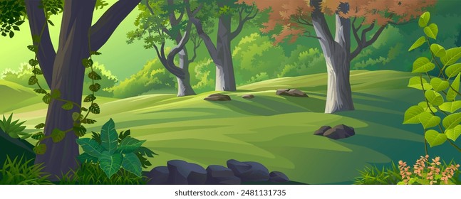 Green forest with trees, plants rocks and bright background.