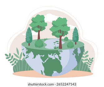 A green forest with trees and a pond growing on a sliced Earth globe, flat graphic style, set on a white background. Concept of ecology and environmental protection. Vector illustration