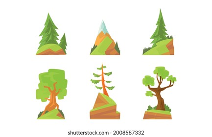 Green Forest Trees Set, Evergreen Pines and Fir Trees Cartoon Vector Illustration