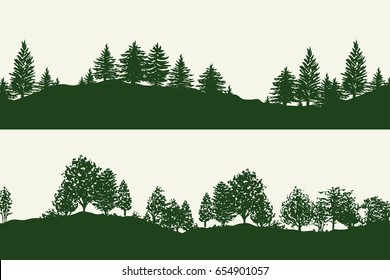 Green forest trees silhouettes backgrounds vector illustration. Horizontal abstract banners of hills covered with wood.