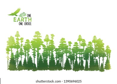 Green forest trees silhouettes. Eco earth poster template on white background