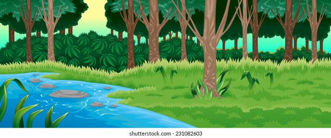 Green forest. Vector cartoon illustration